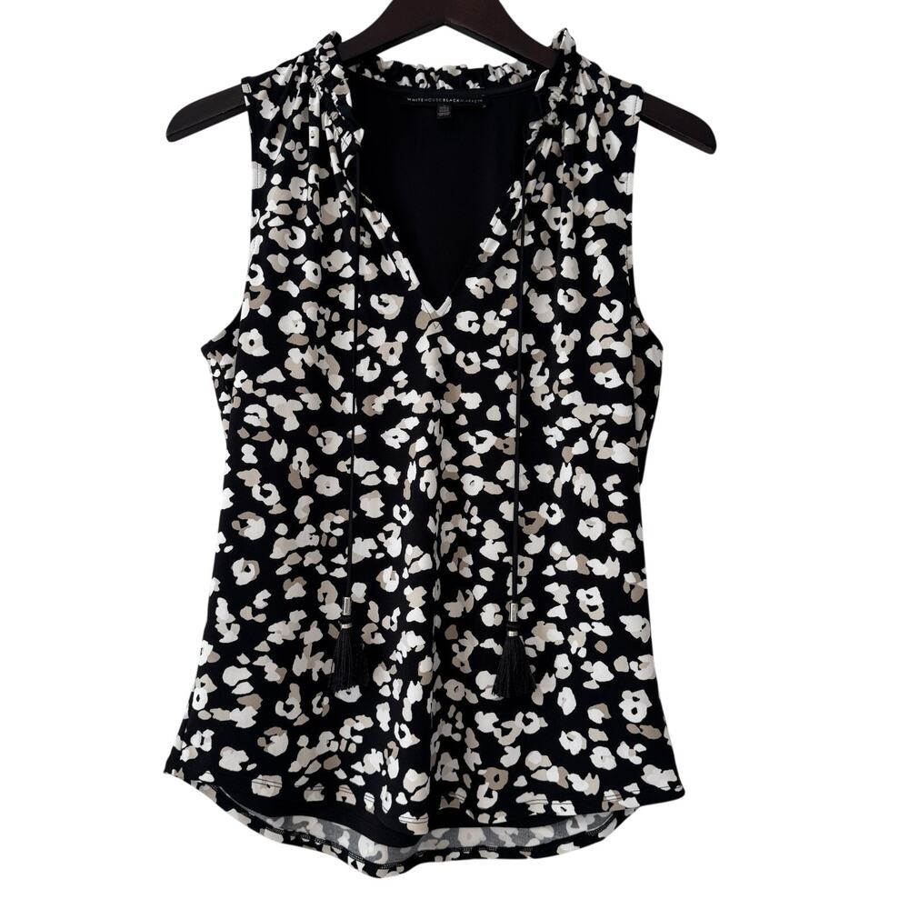 White House Black Market Sleeveless Leopard Tasseled Top Women's Small Black